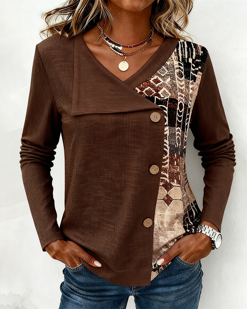 Stylish V-Neck Button-Down Printed Top