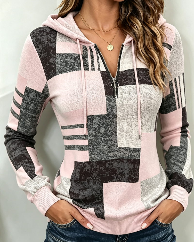 Half-Zip Casual Contrast Plaid Hoodie
