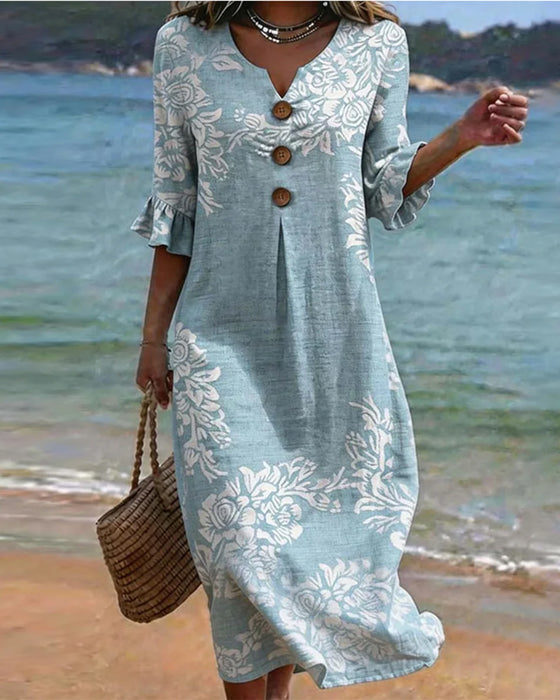 Floral Print Three-Button Long Dresses
