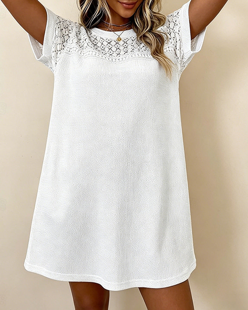 Waffle Knit Lace Panel Sheath Dress