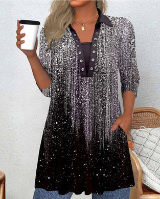 Long-Sleeved Collared Printed Blouse