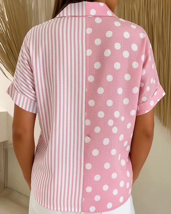 Lapel Polka Dot Stripe Blouse
