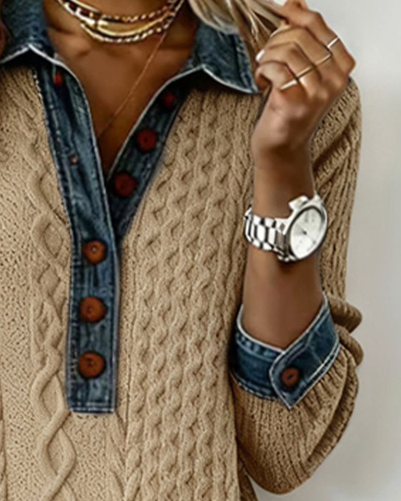 Denim cable knit patchwork collared dress