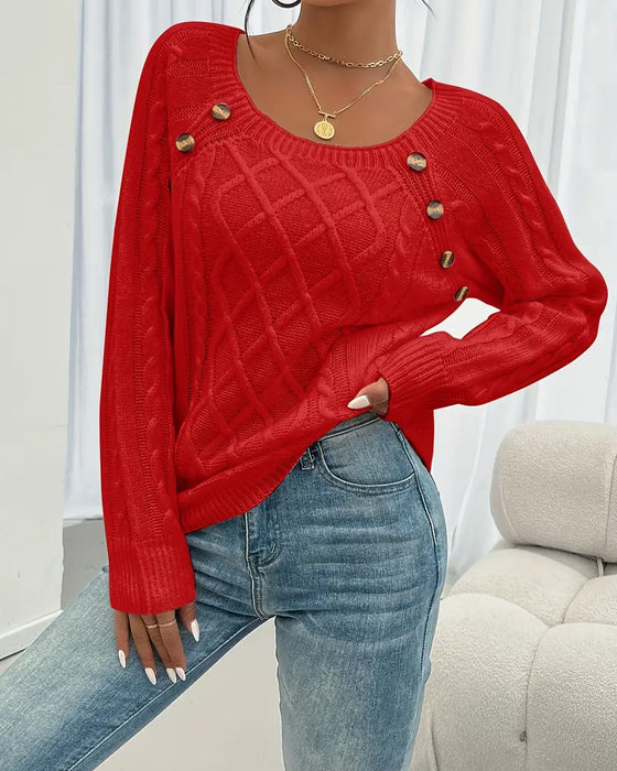 Solid Raglan Sleeve Buckle Cable Knit Jumper