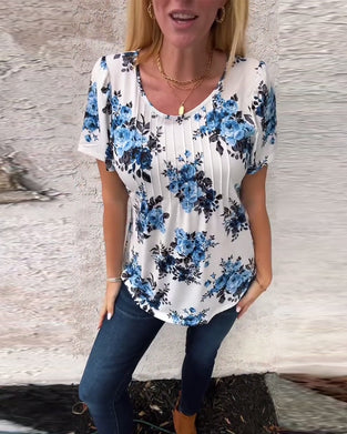 Crew Neck Floral Print Pleated T-Shirt