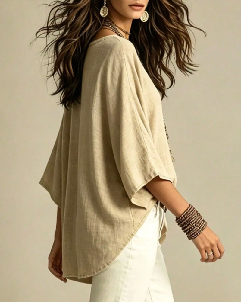V-Neck Three-Quarter Sleeve Loose Blouse