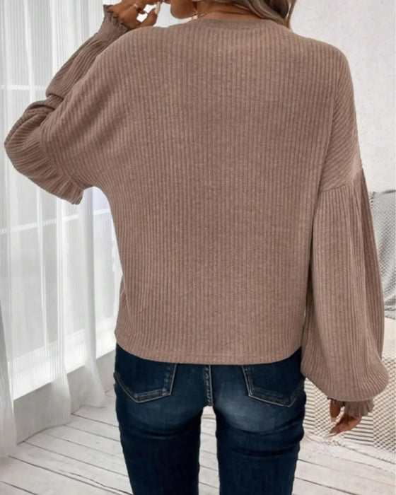 Crew Neck Drop Shoulder Lantern Sleeve Top