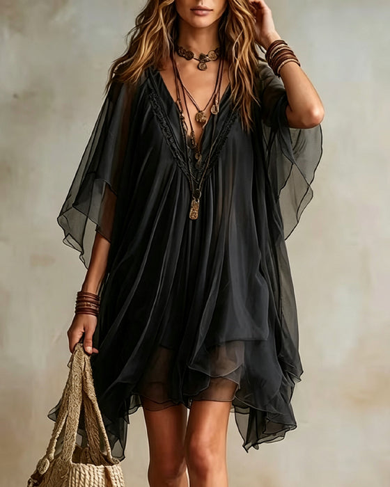 V-neck Irregular Sheer Loose Dress