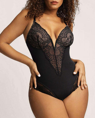 Deep-V Neck Lace Shapewear Bodysuit