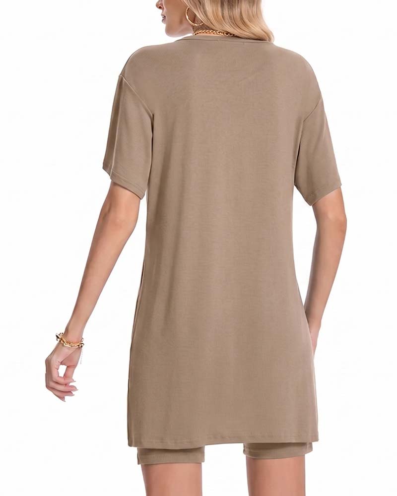 V-Neck Side Split Short Sleeve Set