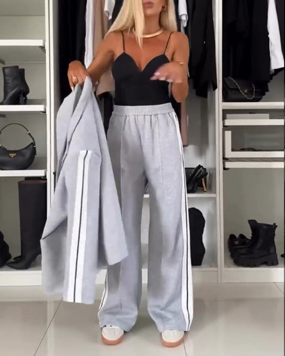 Fashion solid color lapel coat straight pants set
