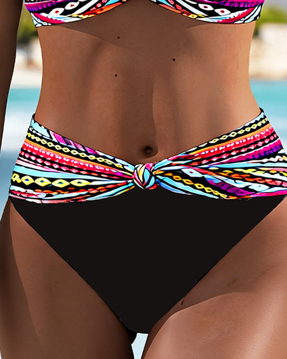 Stripe Contrast Metal Button Halter Bikini