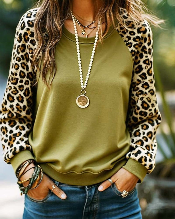 Leopard Print Raglan Sleeve Crew Neck Sweatshirt
