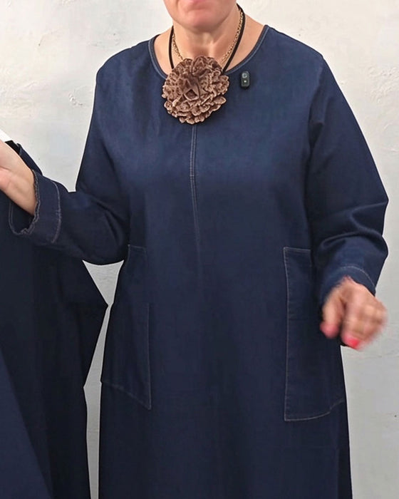 Crew Neck Pocket Straight Long Sleeve Denim Dress