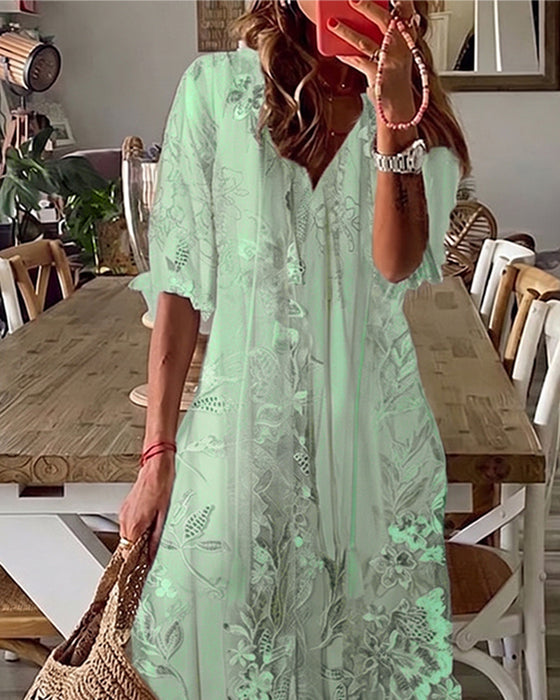 V-Neck Floral Ruffle Full Skirt Dress