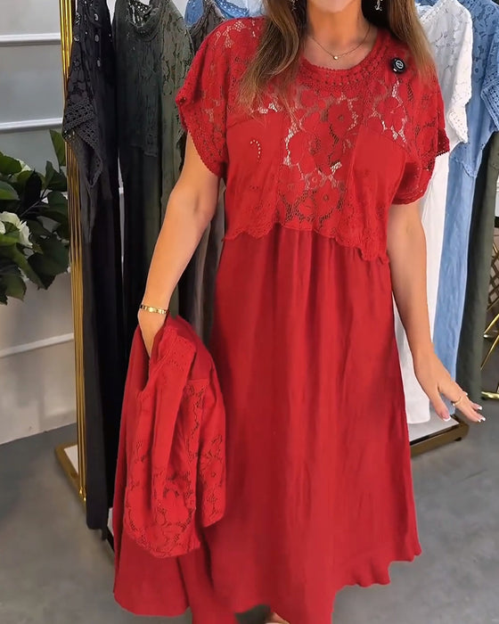 Elegant Lace Trim Patchwork Maxi Dress
