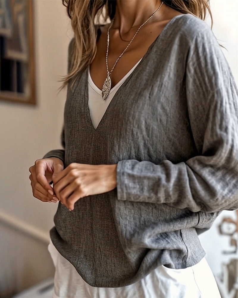 Fashionable Long-Sleeved Contrasting Color Stitching Top