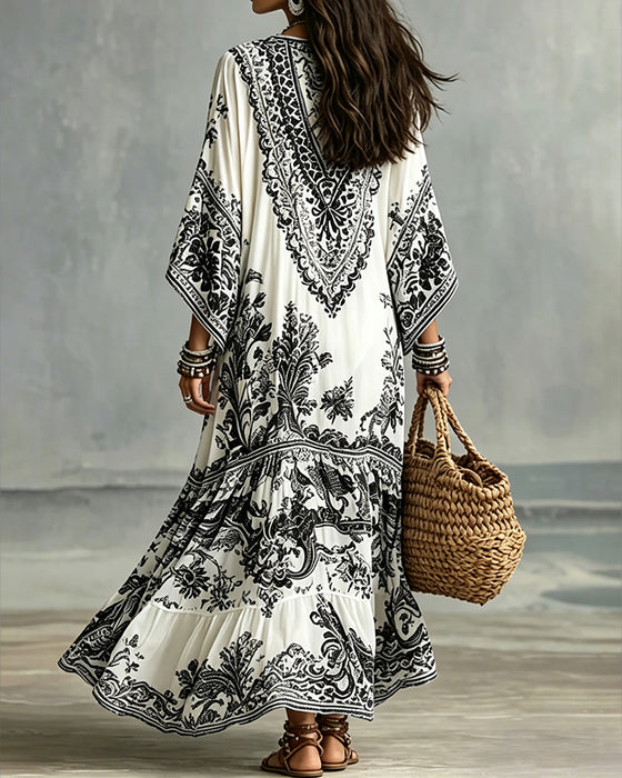 V-Neck Bohemian Flared Asymmetric Dress