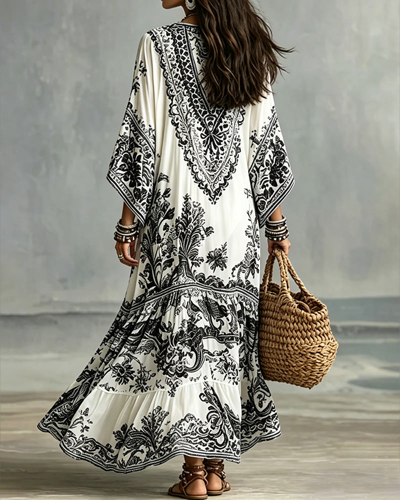 V-Neck Bohemian Flared Asymmetric Dress