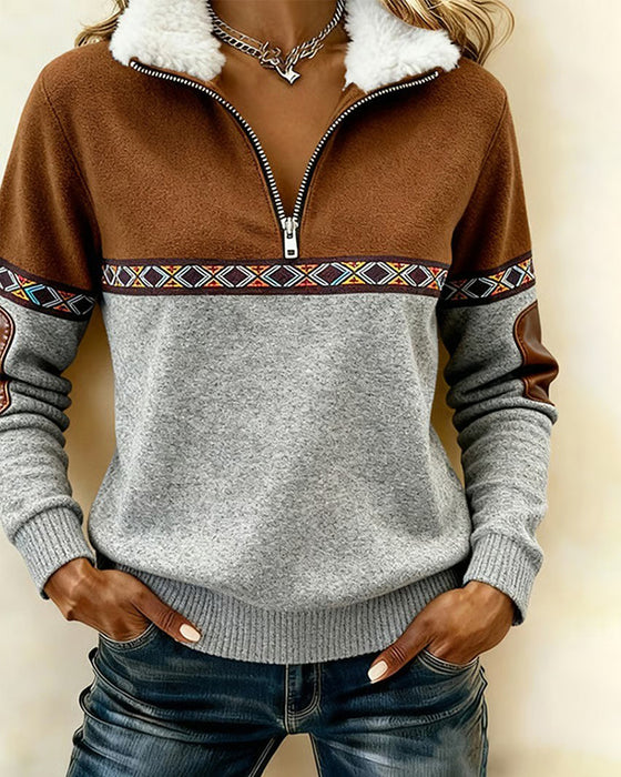 Color-Blocked Fur Collar Sweatshirt