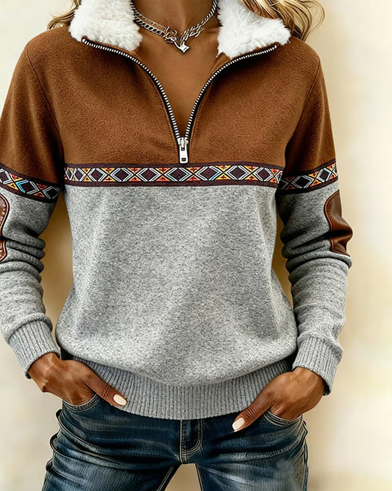 Color-Blocked Fur Collar Sweatshirt