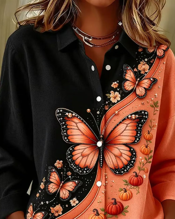Color-Block Butterfly Print Lapel Shirt