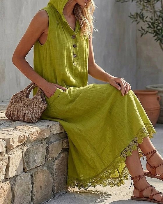 Hooded Sleeveless Lace Patchwork Dress