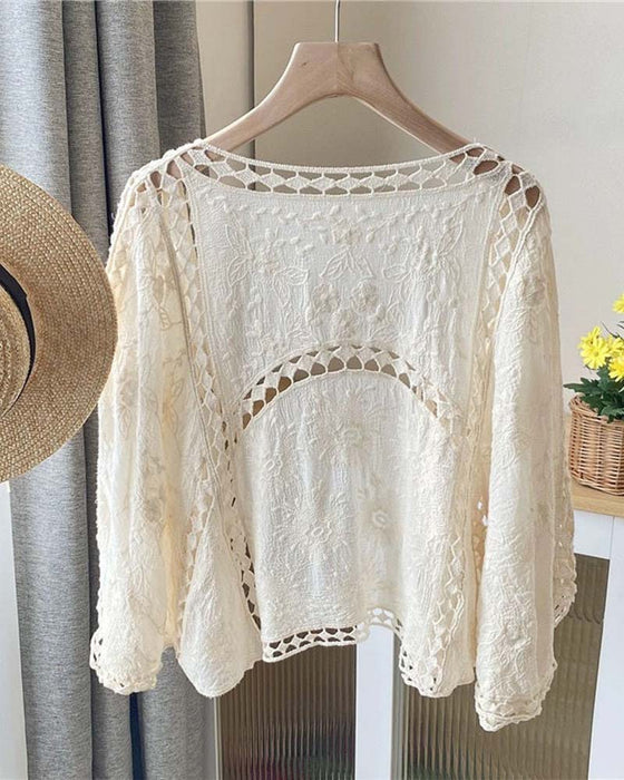 Solid Color Long Sleeve Hollow Out Cover Up