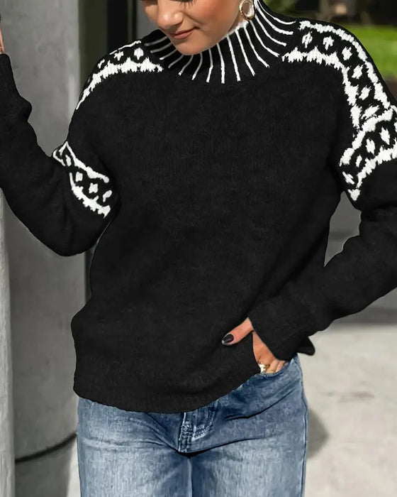 High Neck Patterned Contrast Jumper