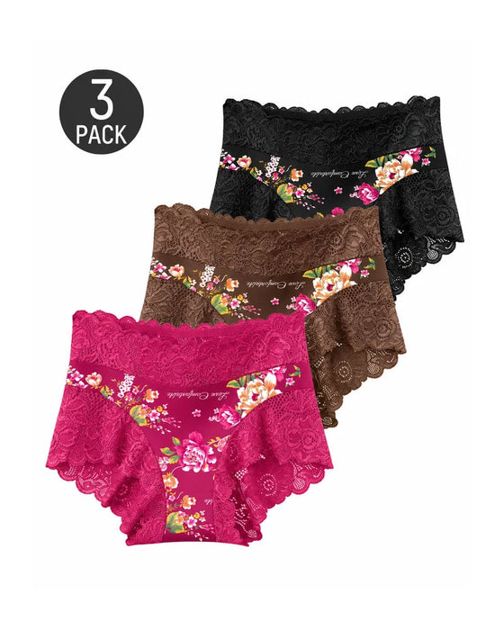 3-Pack High Waist Floral Print Lace Trim Panties