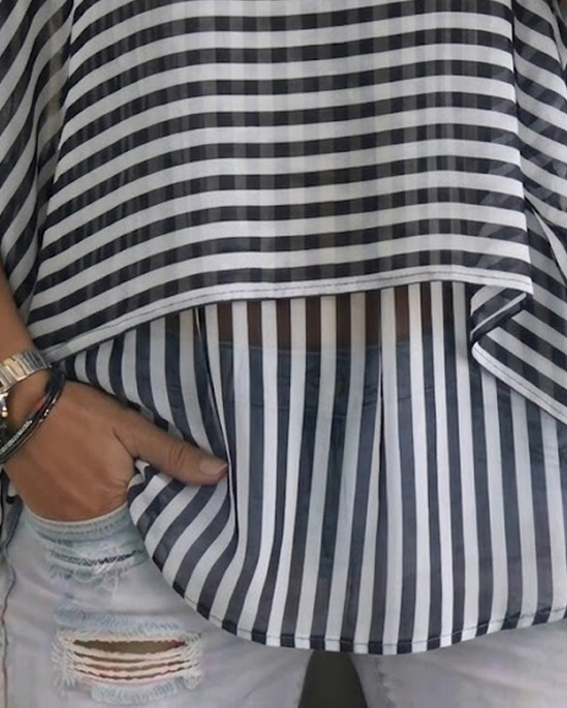Stripe Crewneck Batwing Sleeve Blouse