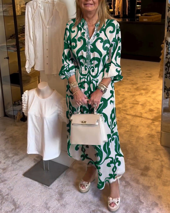 V-Neck Printed Loose Dress