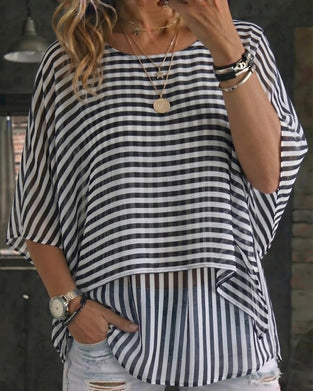 Stripe Crewneck Batwing Sleeve Blouse