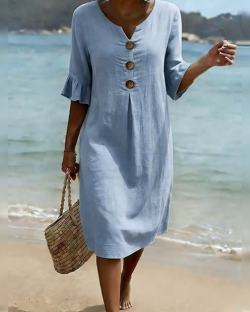 Button Ruffle Sleeve 100% Cotton Dress