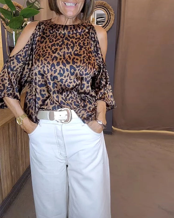 Tie-Strap Off-Shoulder Leopard Print Blouse