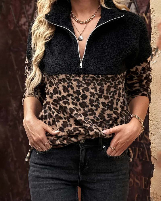 Casual Half-Zip Leopard Print Warm Sweatshirt