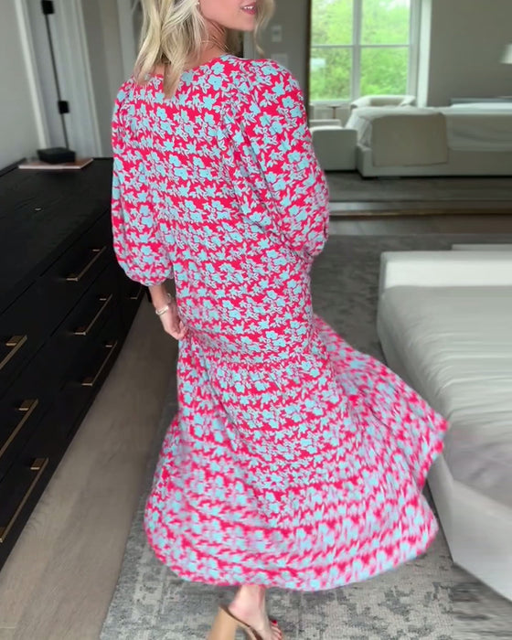 V-neck lantern sleeve floral long dress