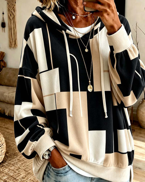 Geometric Print Color Block Drawstring Sweatshirt