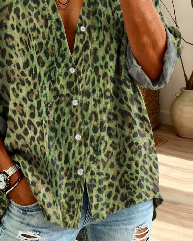 V-Neck Button Leopard Long Sleeve Shirt