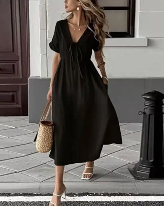V-Neck Tie Waist Cinched Solid A-Line Dress