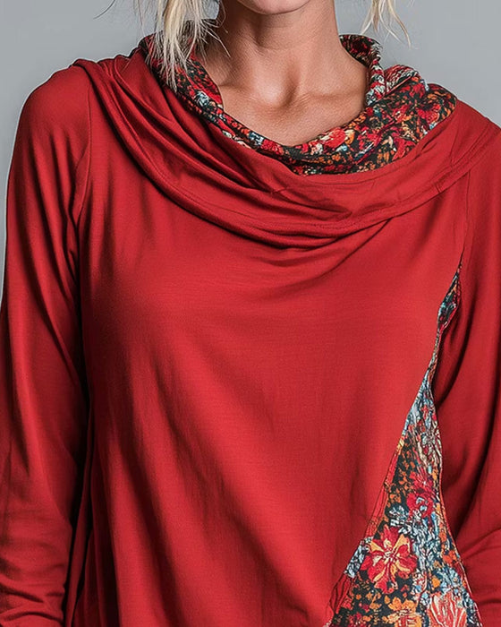 Slouchy Drape Neck Patchwork Long Sleeve Top