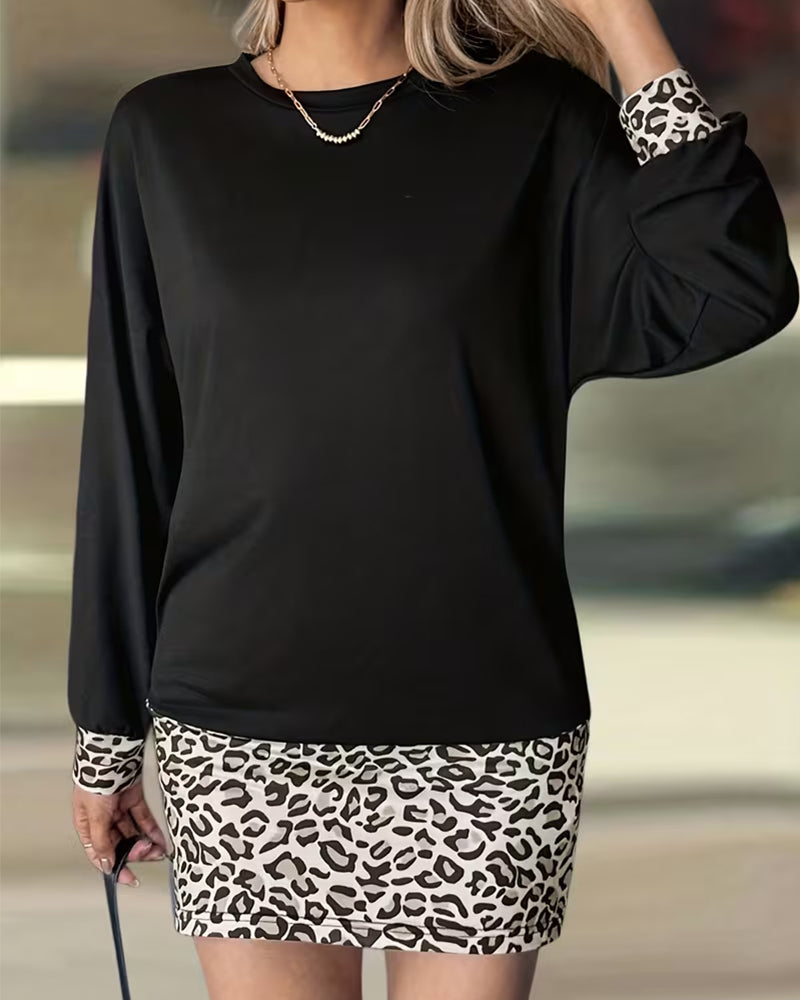 Round Leopard Patchwork Long Sleeve Dress