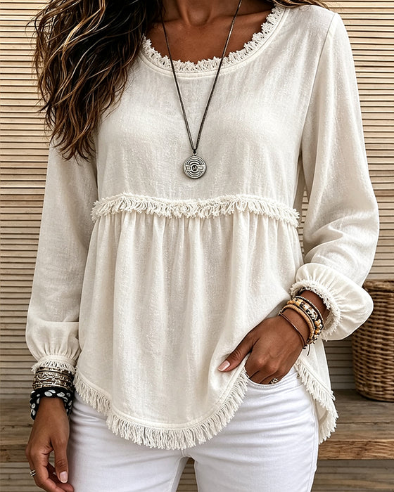 Crew Neck Fringe Lantern Sleeve T-Shirt