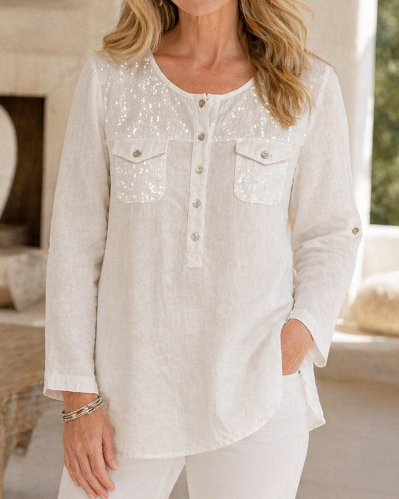 Round Neck Button Up Long Sleeve Blouse