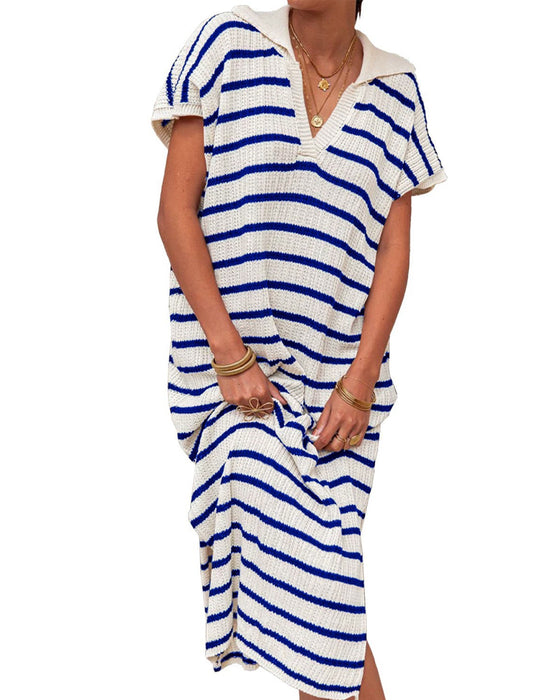 Striped Lapel Short Sleeve Dress