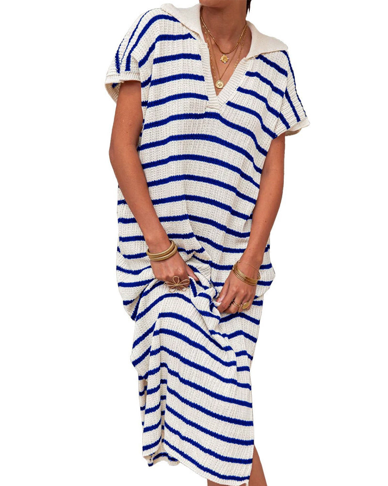 Striped Lapel Short Sleeve Dress