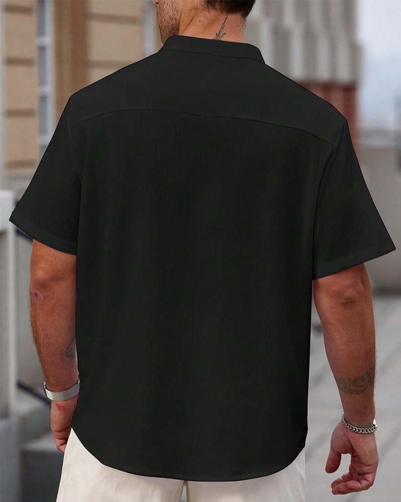 Textured Stand Collar Short Sleeve Shirt