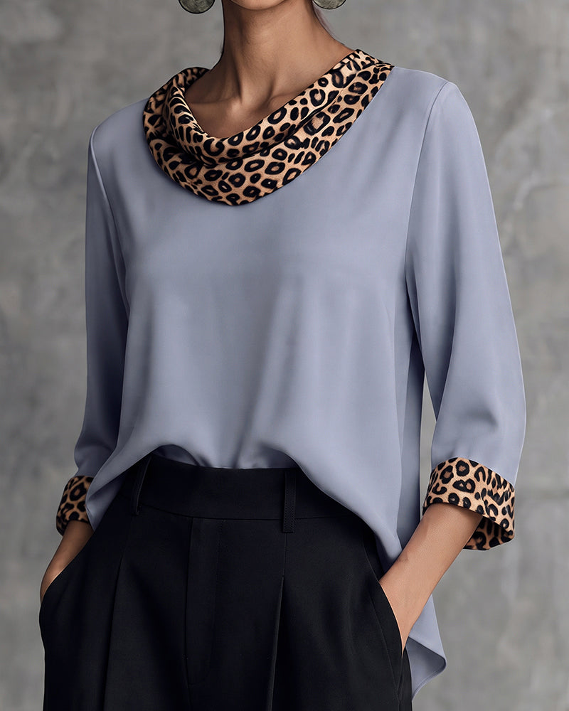 Leopard Panel Cowl Neck Elbow-Length Sleeve Blouse