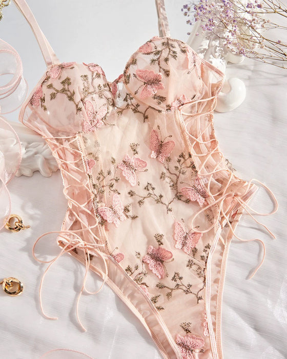 Lace Printed Spaghetti Straps One-Piece Lingerie