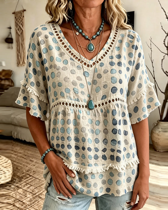 Fringe V-Neck Polka Dot Babydoll Blouse
